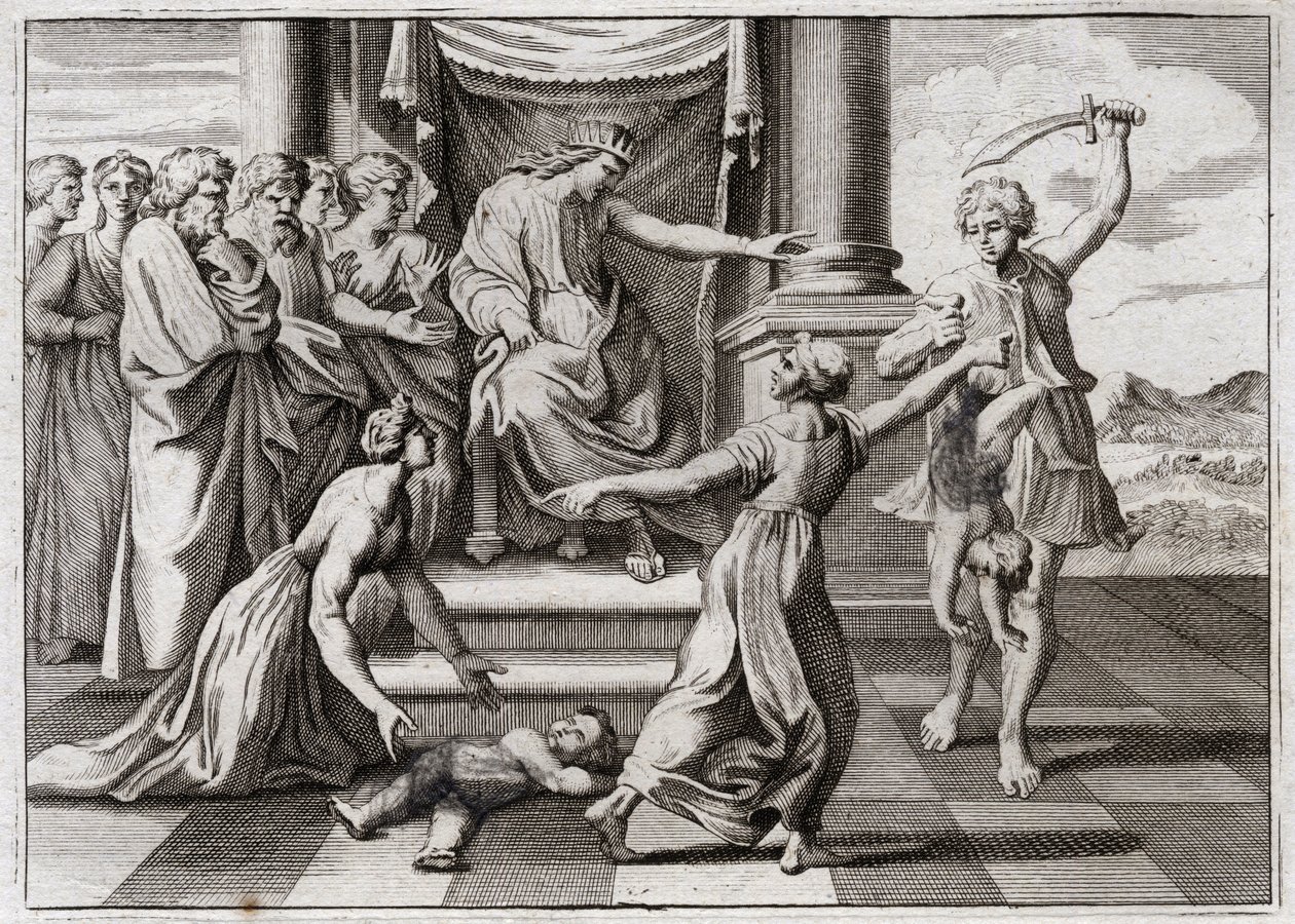 Bible of Royaumont, Gamle Testamente: Salomons dom. Salomons berømte dom mellem to kvinder, for at erkende hvem af de to der var mor til et barn, som begge hævdede at være hende. Illustration fra 1811. af Unknown artist