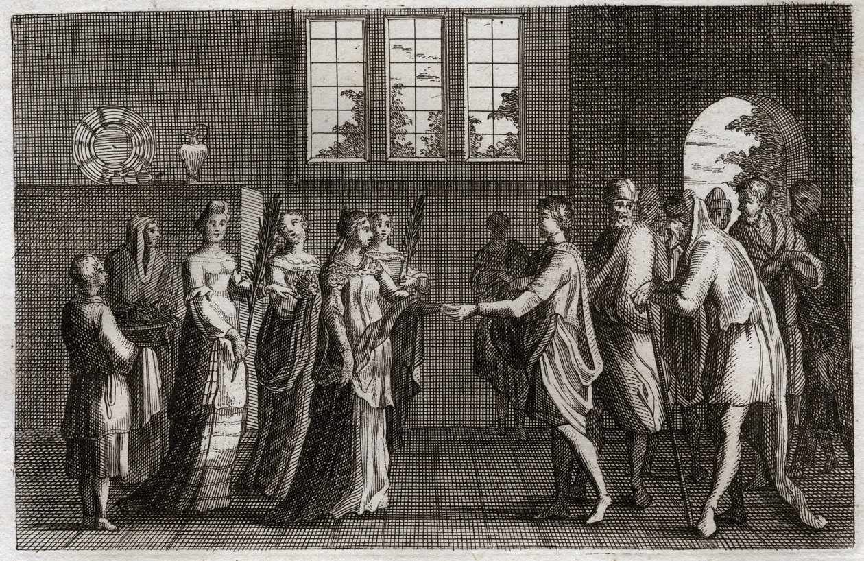 Bible of Royaumont, Gamle Testamente: Isaks ægteskab. Isaac, Abrahams søn, gifter sig med Rebecca. Illustration fra af Unknown artist