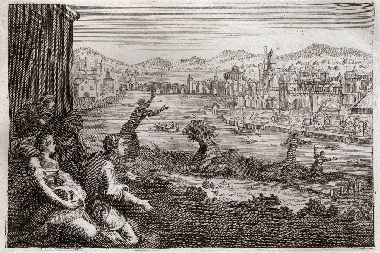 Bible of Royaumont, Gamle Testamente: Jordemødre i Egypten. Farao får israelitternes mandlige børn til at blive kastet i Nilen. Illustration fra 1811. af Unknown artist