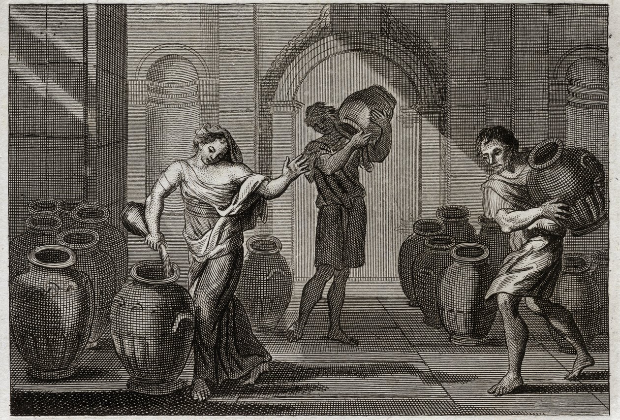 Bible of Royaumont, Gamle Testamente: Miracle of Elisee. En forpint enke fra hendes creancers, ved hjælp af Elisees velgørenhed, befalede denne profet hende at låne mange kar fra disse naboer, som hun fyldte med olie med en lille rest, som hun havde i sin  af Unknown artist