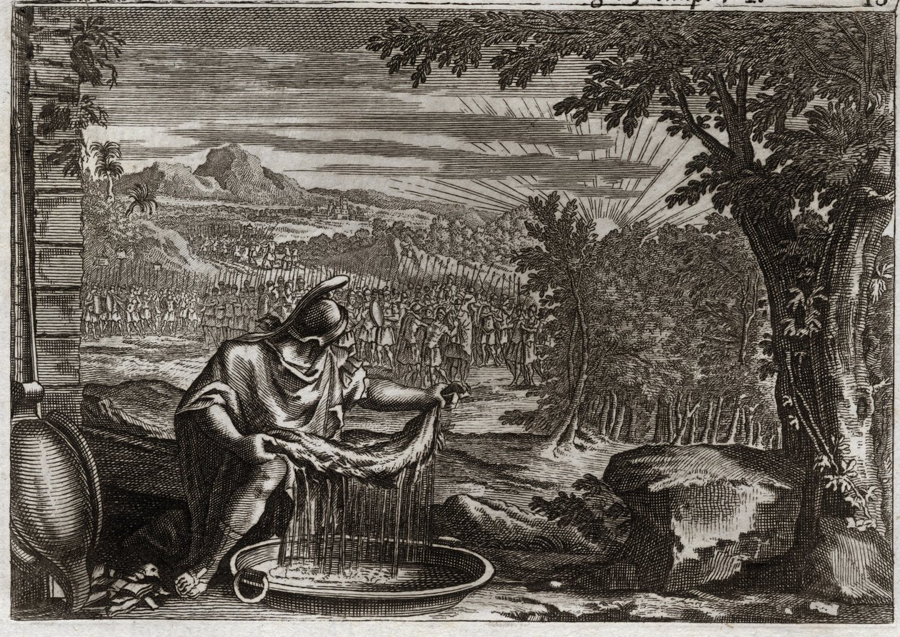 Bible of Royaumont, Gamle Testamente: Miracle of Fleece. Gedeon (Gideon) fik af Gud uldens mirakel som bevis på, at han havde valgt det, og at han ville gøre det til sit folks befrier. Illustration fra 1811. af Unknown artist