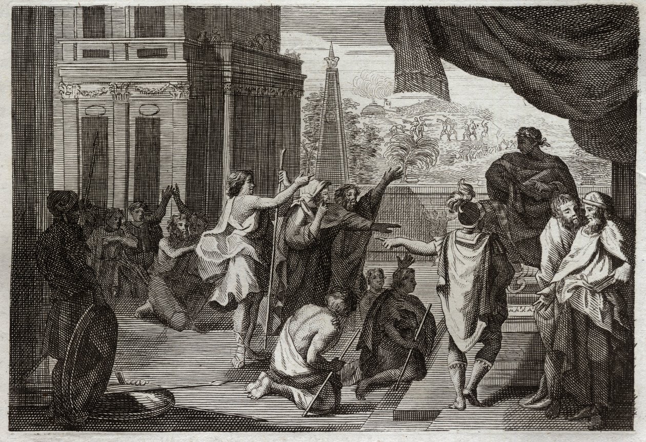 Bible of Royaumont, Det Gamle Testamente: Moses før Farao. Moses beder Farao om at lade hebræerne gå ud i ørkenen for at ofre til Herren. Illustration fra 1811. af Unknown artist