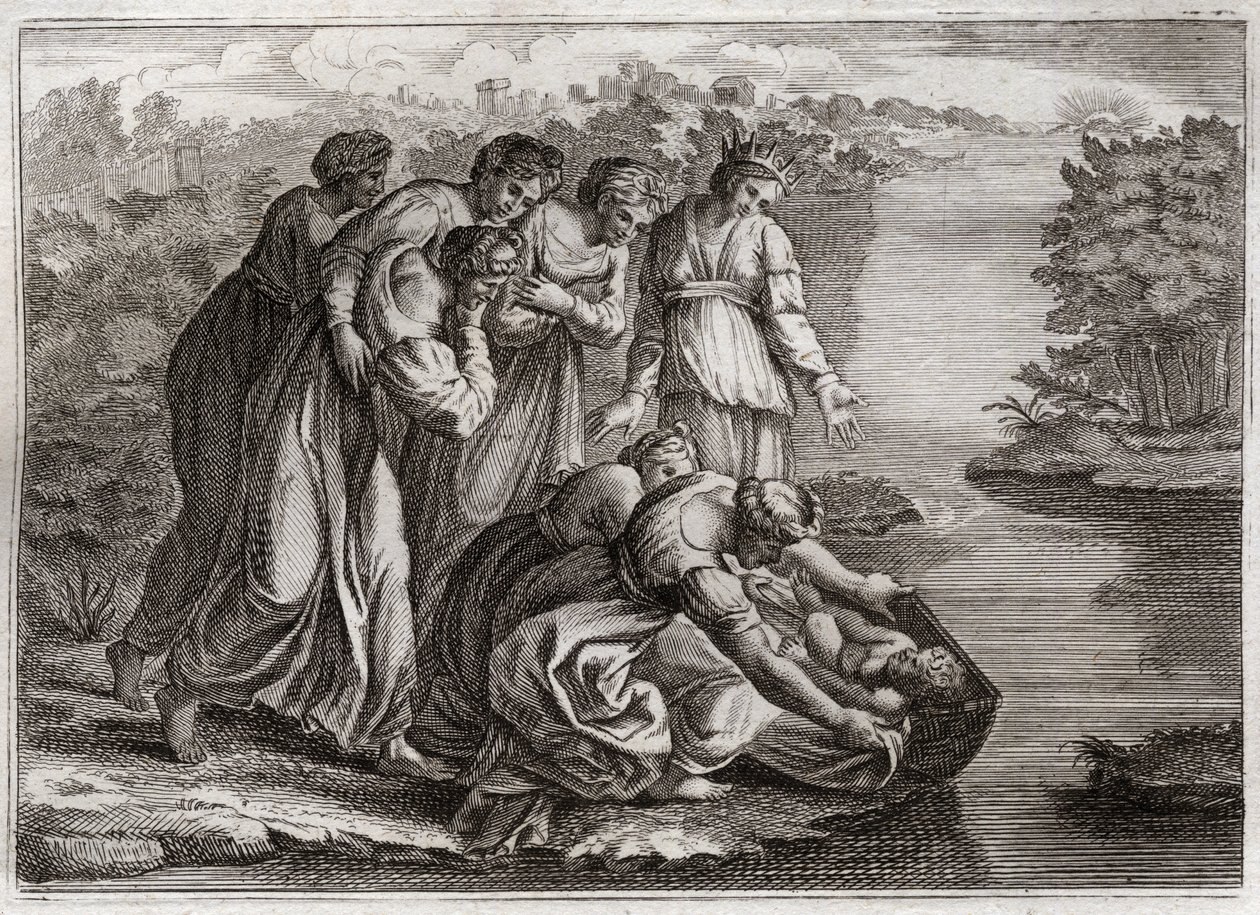 Bible of Royaumont, Det Gamle Testamente: Moses redder vandet. Faraos datter trak Moses tilbage fra Nilens vande og adopterede ham til sin søn. Illustration fra 1811. af Unknown artist