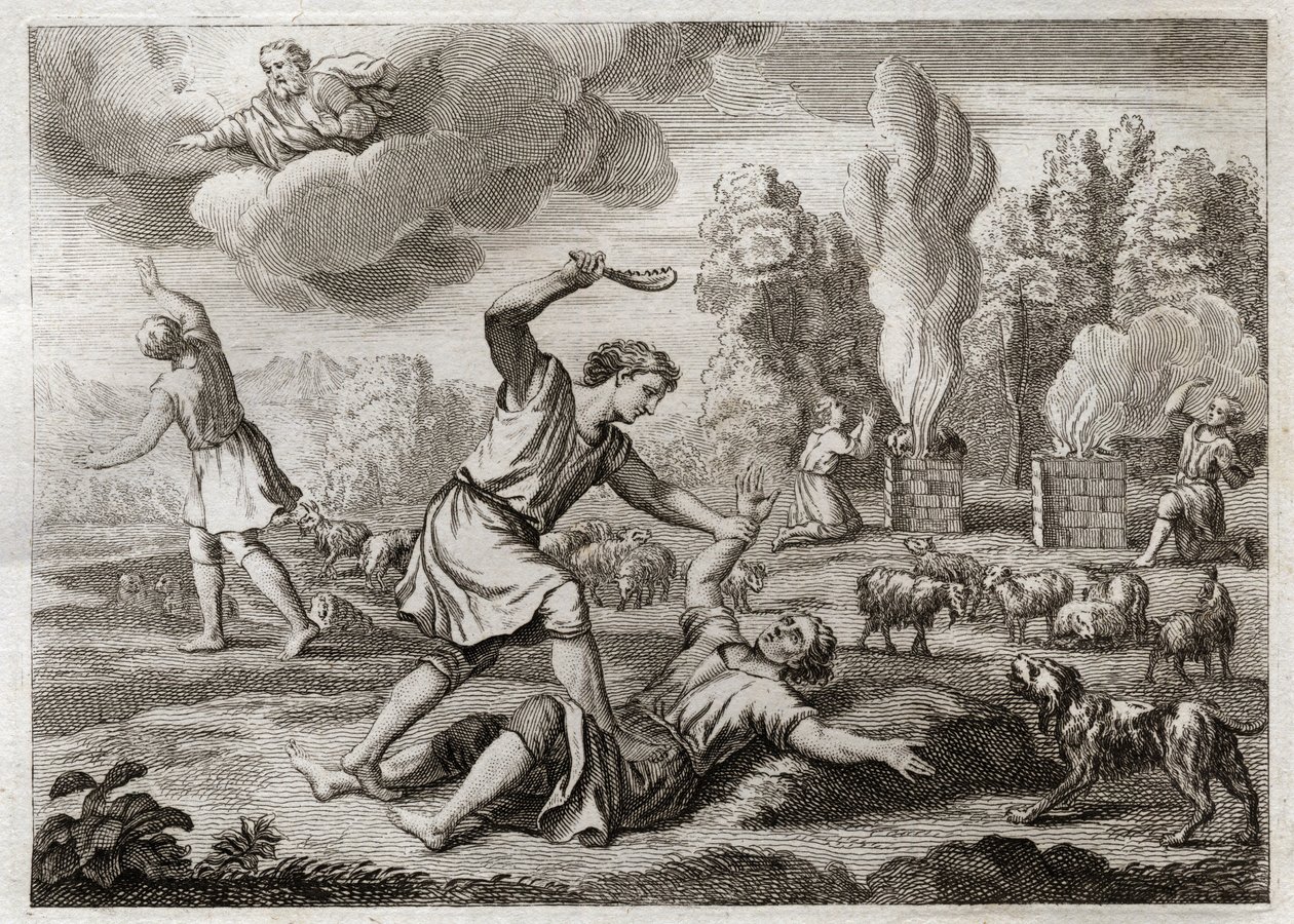 Bible of Royaumont, Gamle Testamente: Mordet på Abel. Kain bærer sin bror med misundelse mod Abel, tager ham med ud på landet, som om han ville gå, og dræber ham. Illustration fra 1811. af Unknown artist