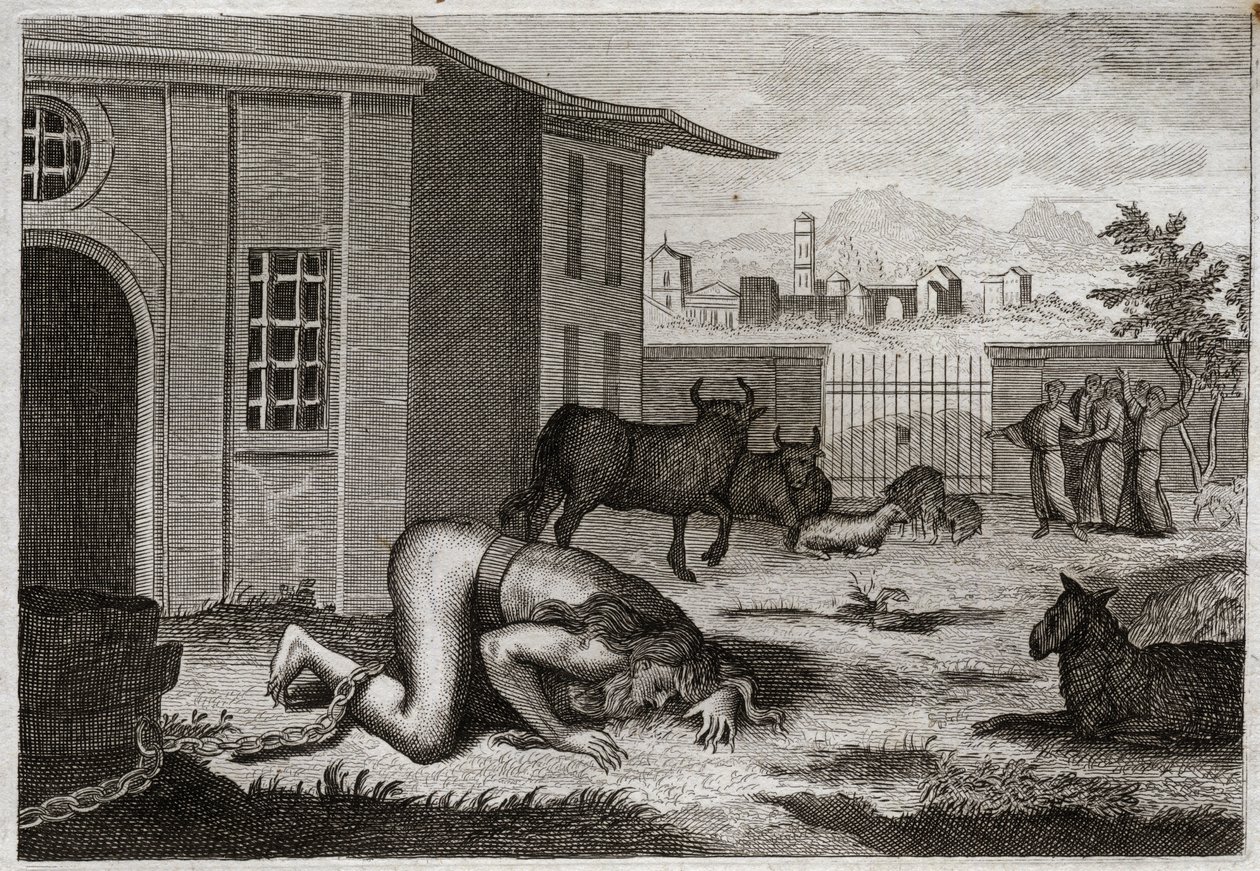 Bible of Royaumont, Det Gamle Testamente: Nebukadnezzar skifter til bete. Kong Nebukadnezar II bliver ved en retfærdig straf for sin stolthed ændret til bete. Illustration fra 1811. af Unknown artist