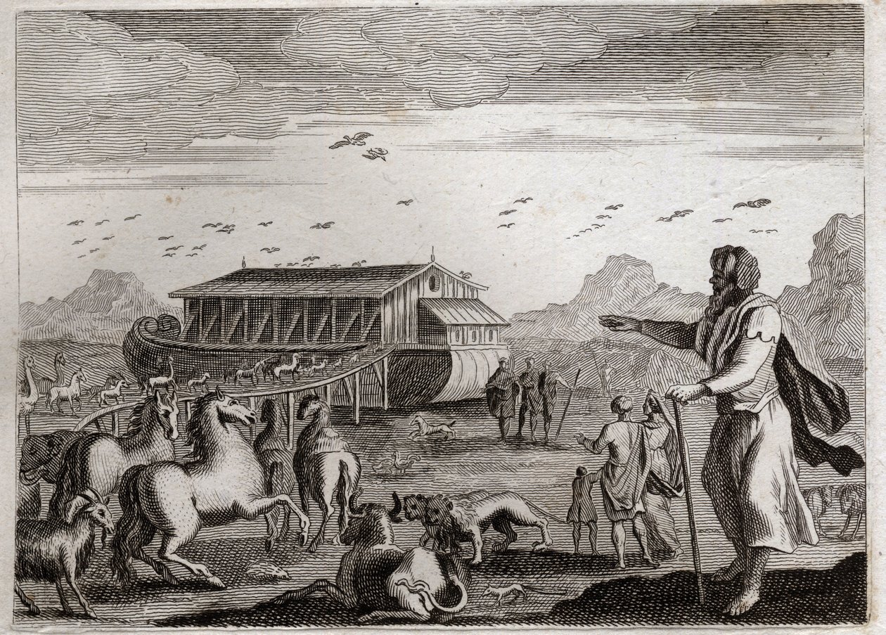 Bibelen fra Royaumont, Det Gamle Testamente: Noas ark. Gud, der er vred over menneskers overtrædelser, beslutter at straffe alle med en syndflod; og for at redde Noe, som var retfærdig, befaler han ham at lave Arken. Illustration fra 1811. af Unknown artist