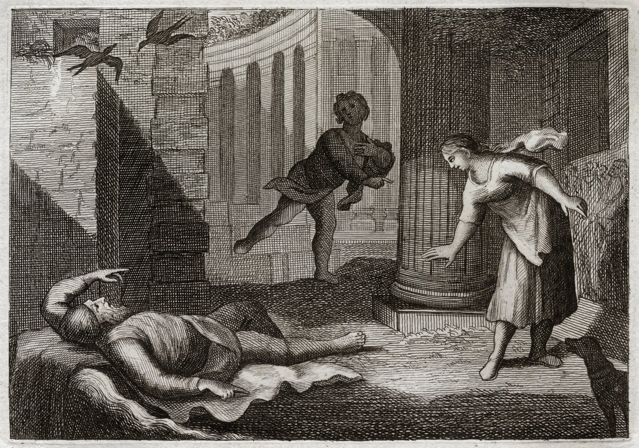 Bible of Royaumont, Det Gamle Testamente: Gamle Tobie mister synet. Den hellige mand Tobie mister synet og lider denne ondskab med ekstrem tålmodighed. Illustration fra 1811. af Unknown artist