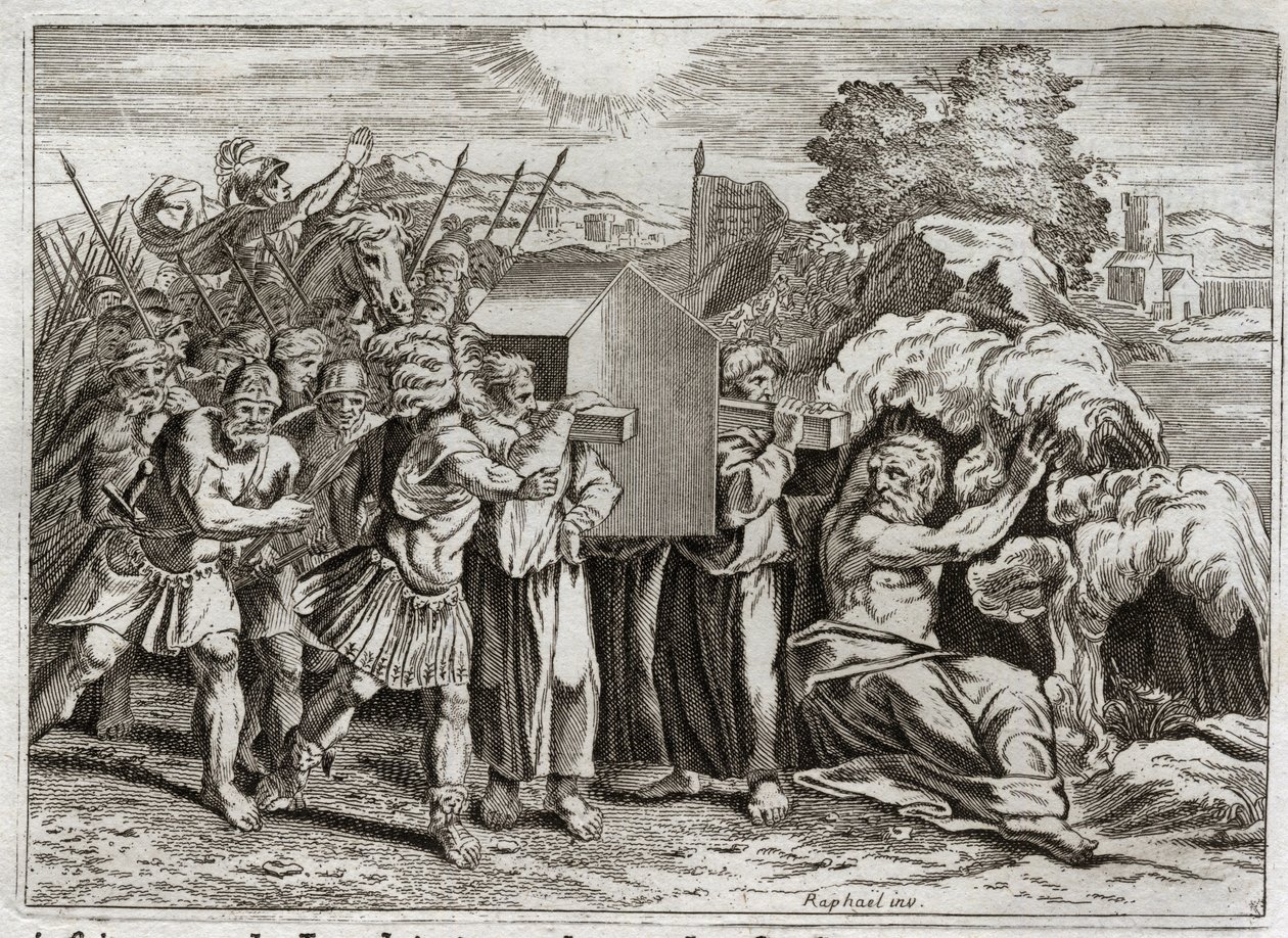 Bible of Royaumont, Gamle Testamente: Passage af Jordan. Josua bringer Jordan til hele folket. Denne flod tørrer ud, og præsterne, som bar pagtens ark, kom ind i den; og vandet rejste sig ovenover og blev svævende som et bjerg. jeg af Unknown artist