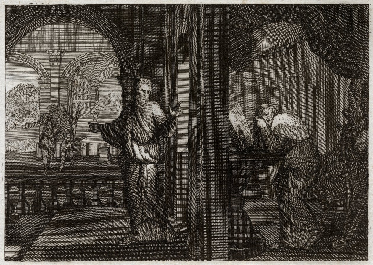 Bible of Royaumont, Gamle Testamente: Davids anger. Gud sender sin profet Nathan til David for at repræsentere hans fejl. Fortrydelsen over, at denne hellige konge fik det til, får ham til at acceptere alt det onde, som profeten forudsagde ham. Illustratio af Unknown artist