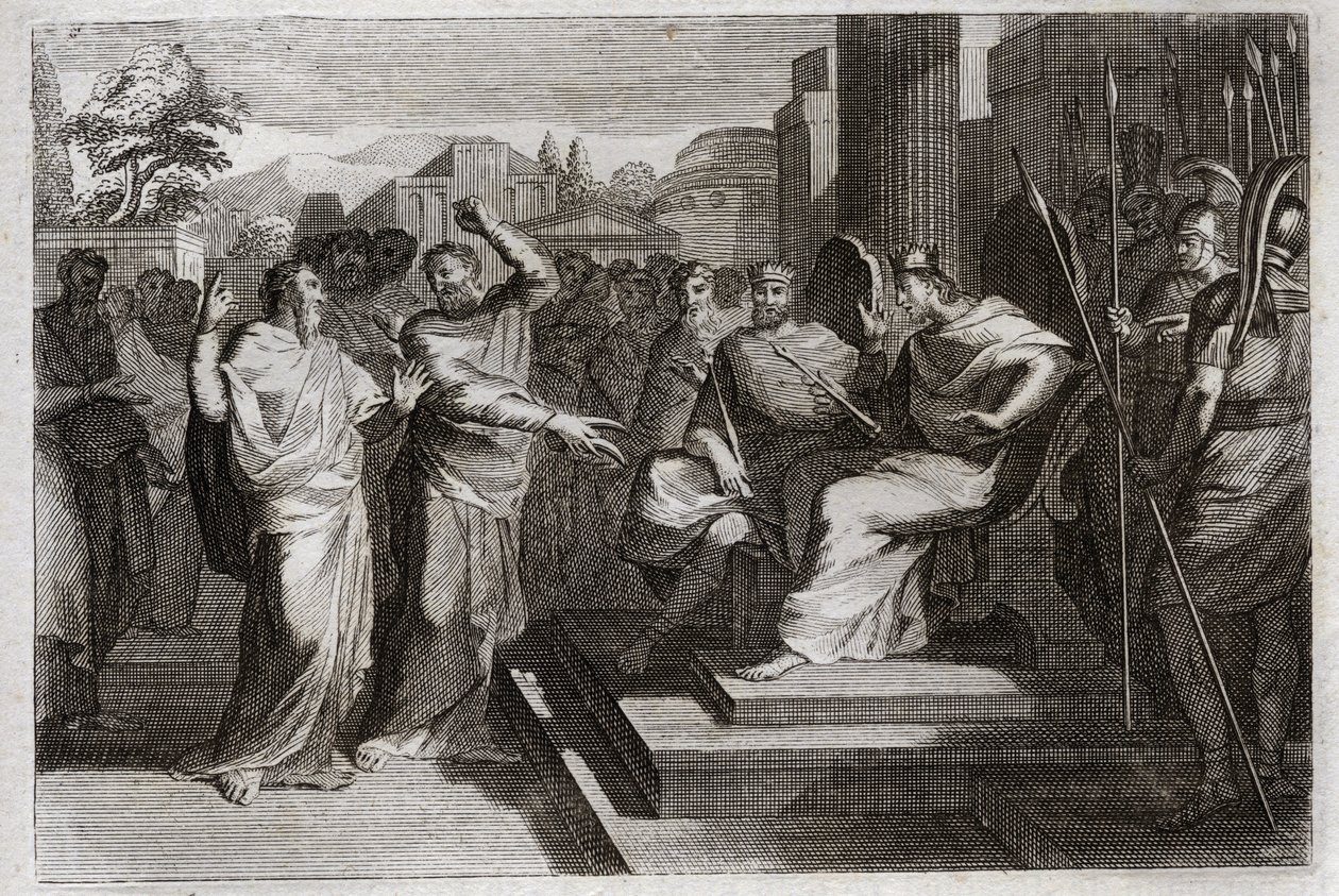 Bible of Royaumont, Gamle Testamente: Piete af Josaphat. Josafat, Judas frommeste konge, får alle de fyrster, der er omkring ham, til at ryste og vidner på forskellige måder om sin fromhed mod Gud, hvilket gjorde ham til sejr over sine fjender. Illustr af Unknown artist