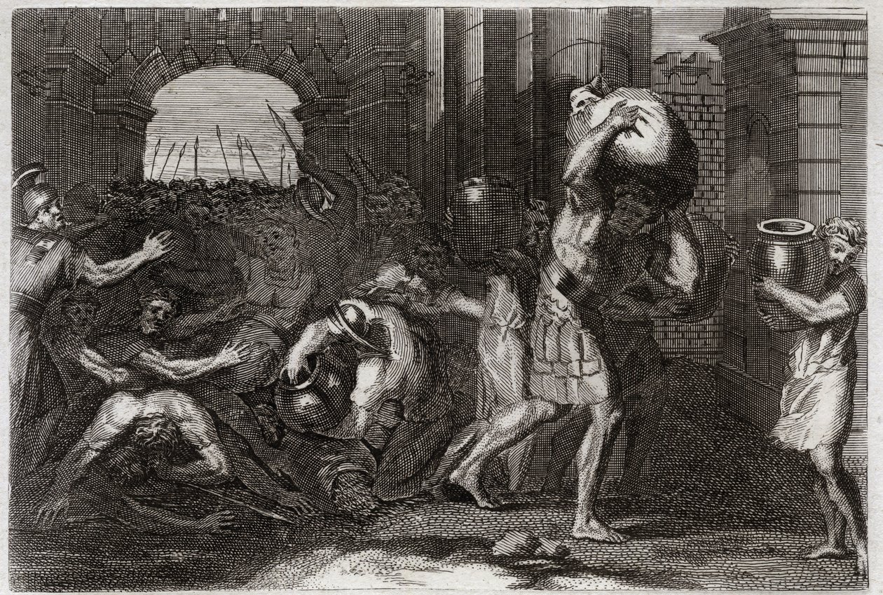 Bible of Royaumont, Gamle Testamente: Forudsigelse af Elisee. En Samarias Herre, efter at have vildledt Eliseas ord, er overfyldt ved hans fødder. Illustration fra 1811. af Unknown artist