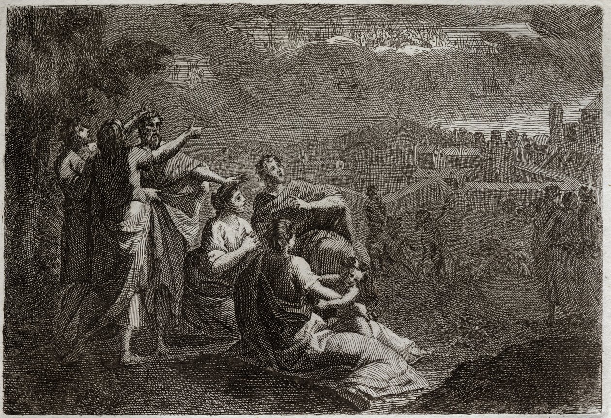 Bible of Royaumont, Det Gamle Testamente: Forudsigelser om Jerusalem. Gud har opgivet våben i luften over Jerusalem for at forgribe sig over det onde, der skulle smelte over hende. Illustration fra 1811. af Unknown artist