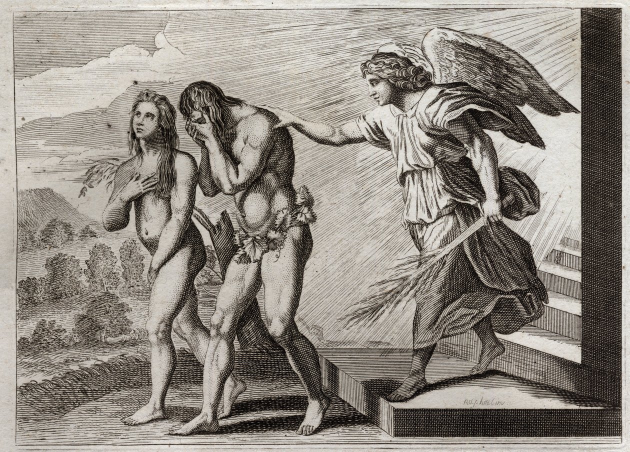 Bible of Royaumont, Gamle Testamente: Straf over Adam. Gud driver Adam og Eva ud af Paradiset, efter at de falder, og sætter en Cherubin ved døren for at forsvare deres indgang. Illustration fra 1811. af Unknown artist