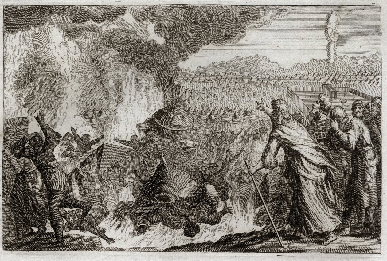 Bible of Royaumont, Det Gamle Testamente: Straf for himmelsk ild. Core (Kore), Dathan (Datan, Nathan) og Abriron (Abiram), der mumler mod Moses og påvirker herskeren Pretrise, bliver alle ødelagt i live, og jorden åbner sig for at fortære dem. Afsnit af af Unknown artist