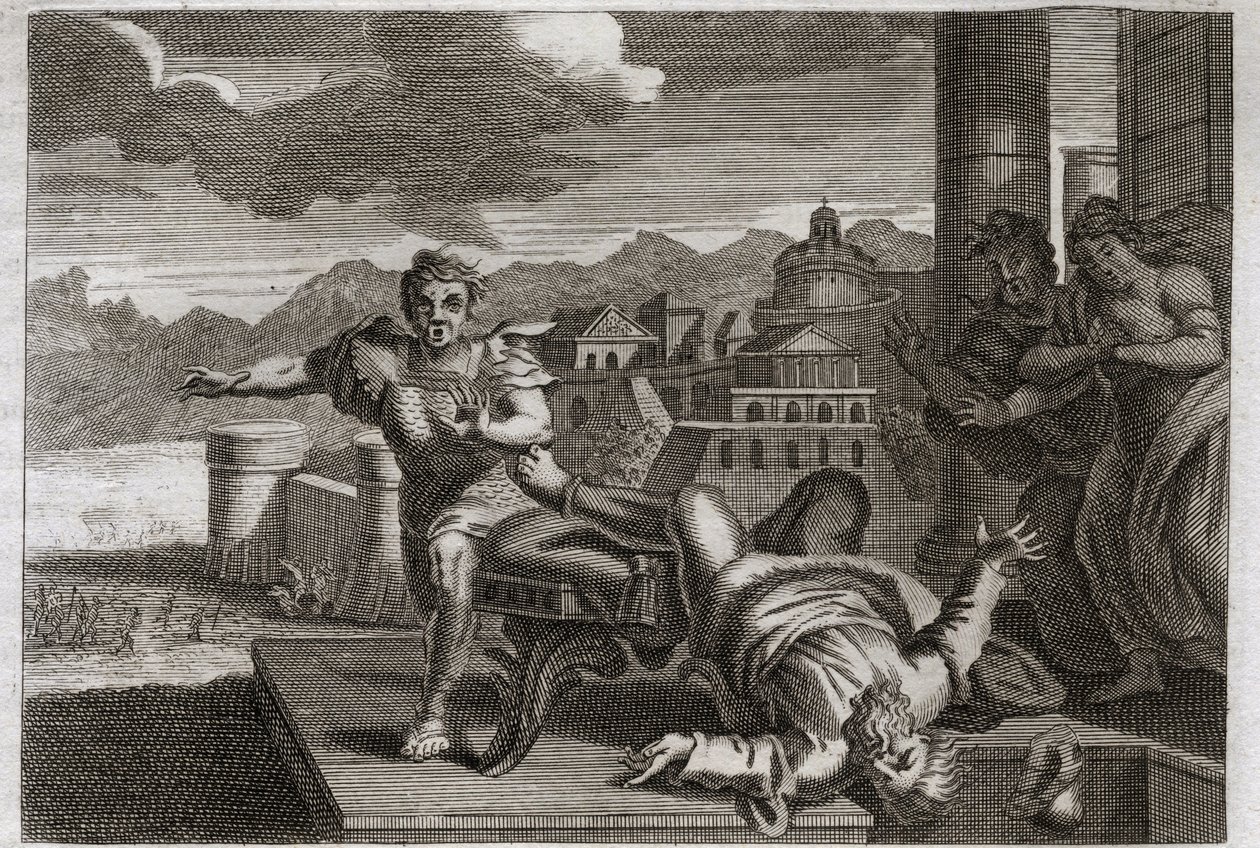 Bible of Royaumont, Gamle Testamente: Straf af Heli. Gud, for at straffe den store præst Heli (Eli) for hans uagtsomhed i at overtage sine børns ordrer, tillader ham at falde fra sin stol og brække hovedet ved at høre nyheden om deres død af Unknown artist