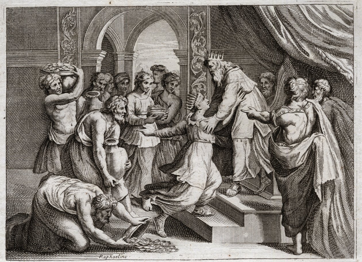 Bible of Royaumont, Gamle Testamente: Dronning af Saba. Dronningen af Saba kommer til Salomo for at lytte til hans visdom og give ham gaver. Illustration fra 1811. af Unknown artist
