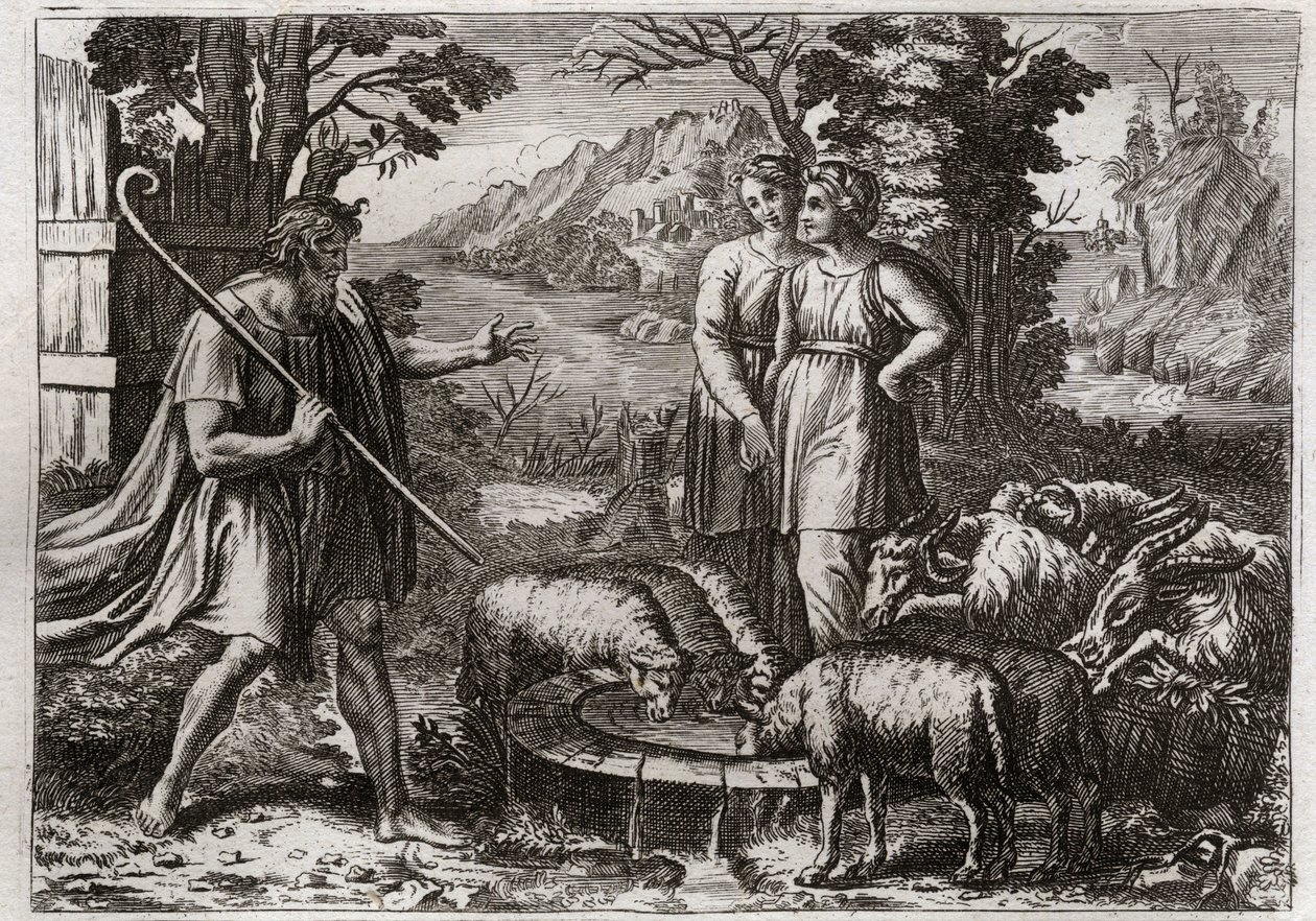 Bible of Royaumont, Gamle Testamente: Rachel og Lea. Jakob tjener Laban, sin onkel, for at få sin datter Rachel gift. Illustration fra 1811. af Unknown artist