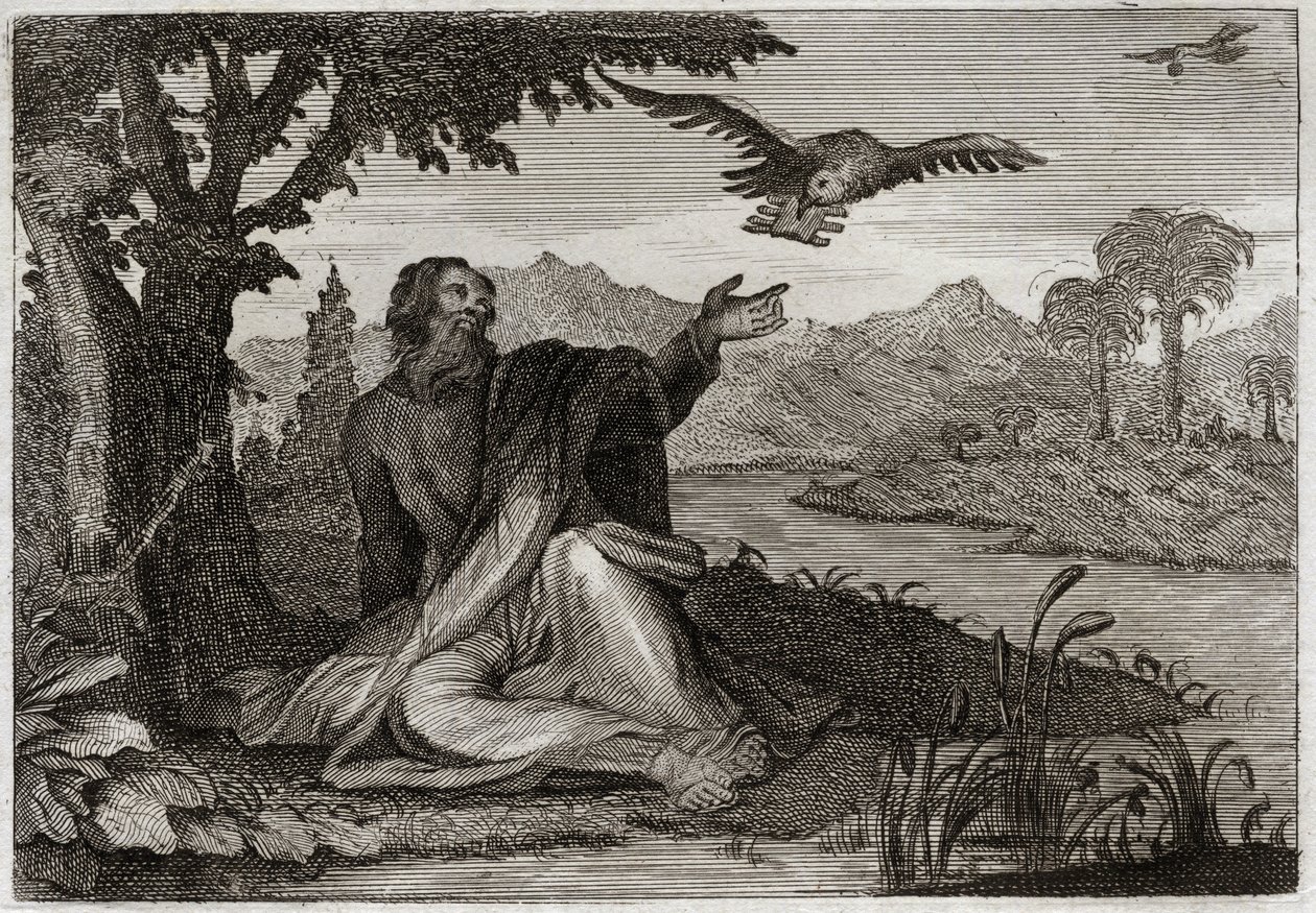Bible of Royaumont, Gamle Testamente: Elias ravne. Gud slog jorden med en tre år gammel sterilitis, sendte profeten Elias ved et vandløb, eller to krager bragte ham mad. Illustration fra 1811. af Unknown artist