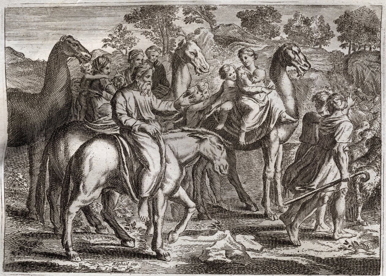 Bible of Royaumont, Gamle Testamente: Jakobs tilbagevenden. Jakobs tilbagevenden til Kanaans land med sine hustruer, Rakel og Lea, og hans børn. Illustration fra 1811. af Unknown artist