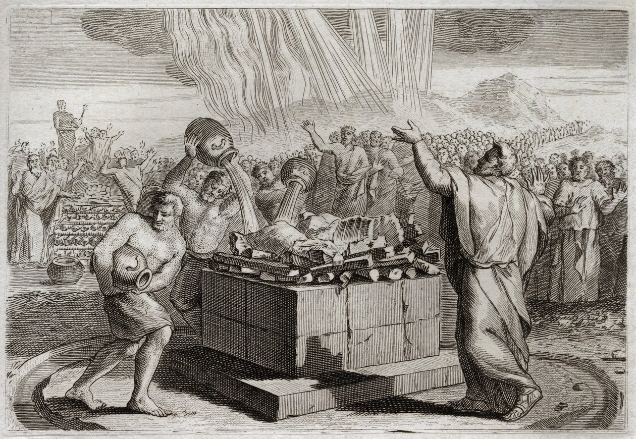 Bible of Royaumont, Gamle Testamente: Elias ofring. Og efter at have gjort den sande Gud kendt ved ildens mirakel, som kom ned fra himlen ved hans offer, befalede han folket at dræbe de fire hundrede og halvtreds præster af Ba