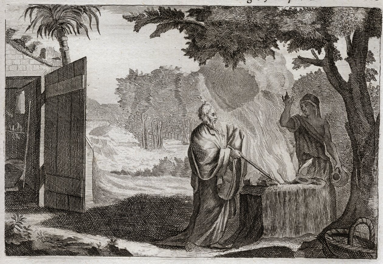 Bible of Royaumont, Gamle Testamente: Gedeons offer. Gedeon (Gideon) er kaldet af Gud til at fjerne jøderne fra deres fjender. Han bringer et offer på en sten, hvorfra han kommer ud af en ild, der fortærer den. Illustration fra 1811. af Unknown artist