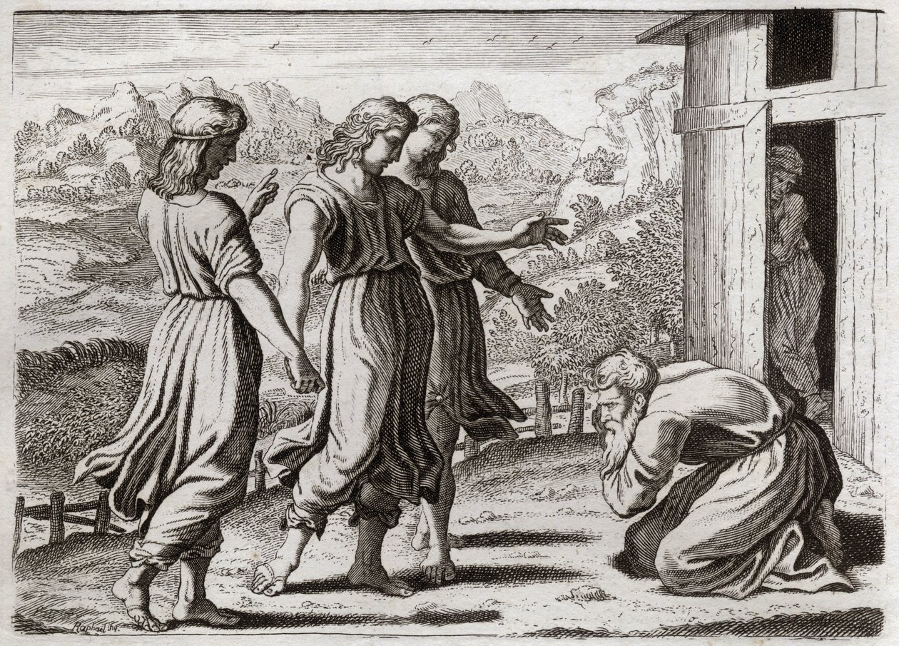 Bible of Royaumont, Det Gamle Testamente: Sara samler Isak. Abraham modtager tre engle, som lover Sara (Sarah), at hun får en søn om et år. Illustration fra 1811. af Unknown artist
