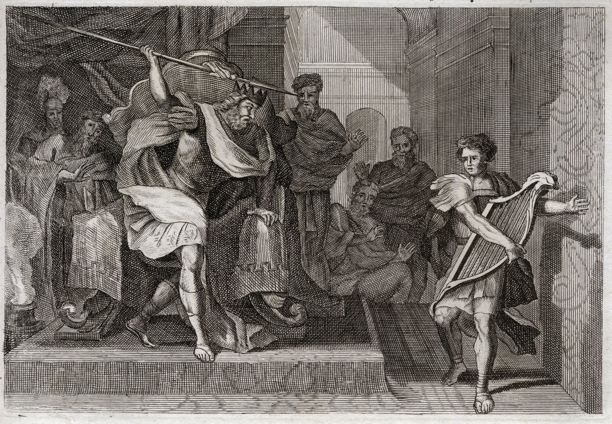 Bible of Royaumont, Det Gamle Testamente: Saul ønsker at dræbe David. Saul fuld af vrede og misundelse mod David, vil gennembore hans spyd, da han spillede på harpe foran ham. Illustration fra 1811. af Unknown artist
