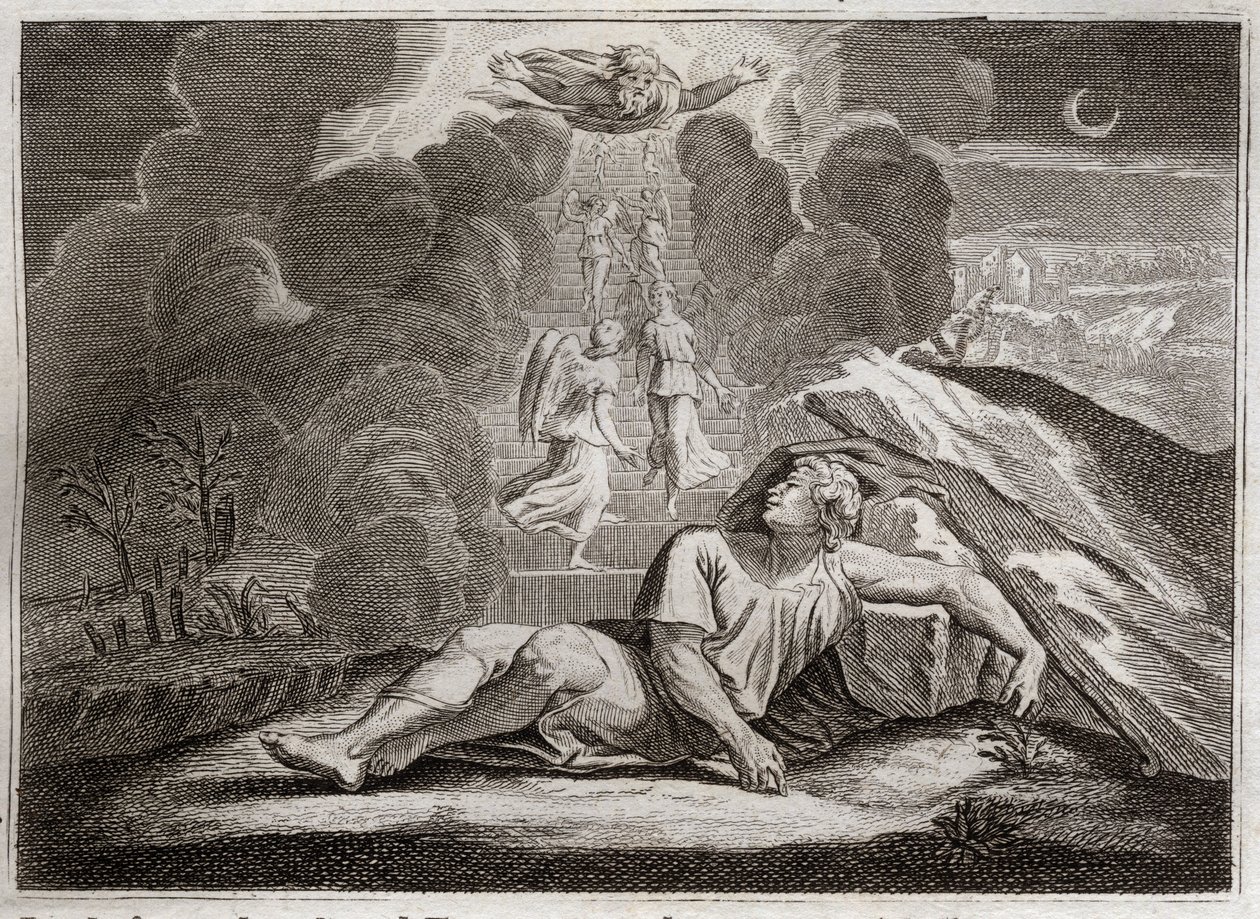 Bible of Royaumont, Gamle Testamente: Jakobs målestok. Jakob, der flygter fra Esaus vrede, lever og sover på en mystisk stige. Illustration fra 1811. af Unknown artist