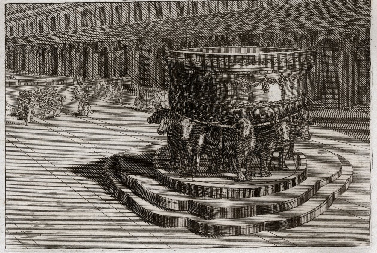 Bible of Royaumont, Gamle Testamente: Hav af skamløs. Støbejern kalder sædvanligvis Sødkophavet for at vaske præsternes fødder og hænder, når de går ind i templet. Illustration fra 1811. af Unknown artist