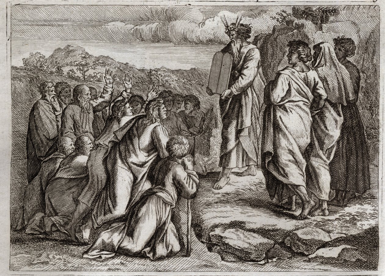 Bible of Royaumont, Det Gamle Testamente: Lovens anden tabeller. Gud giver Moses andre borde (Ti Bud), som folket modtager med respekt. Illustration fra 1811. af Unknown artist