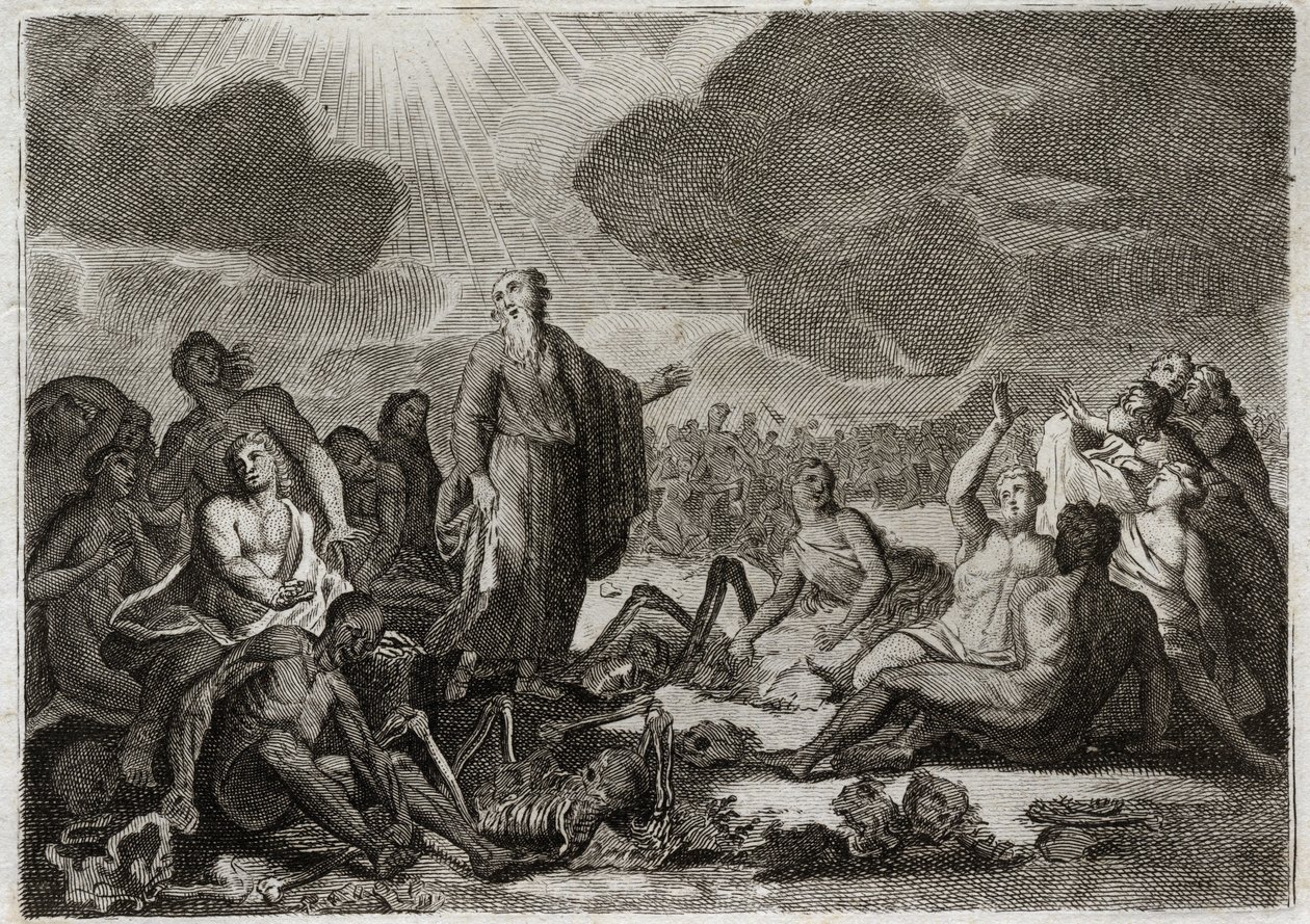 Bible of Royaumont, Gamle Testamente: Andet syn af Ezekiel. Synet om, at profeten Ezechiel havde fra adskillige knogler alle disseches, som antog en menneskelig skikkelse. Illustration fra 1811. af Unknown artist
