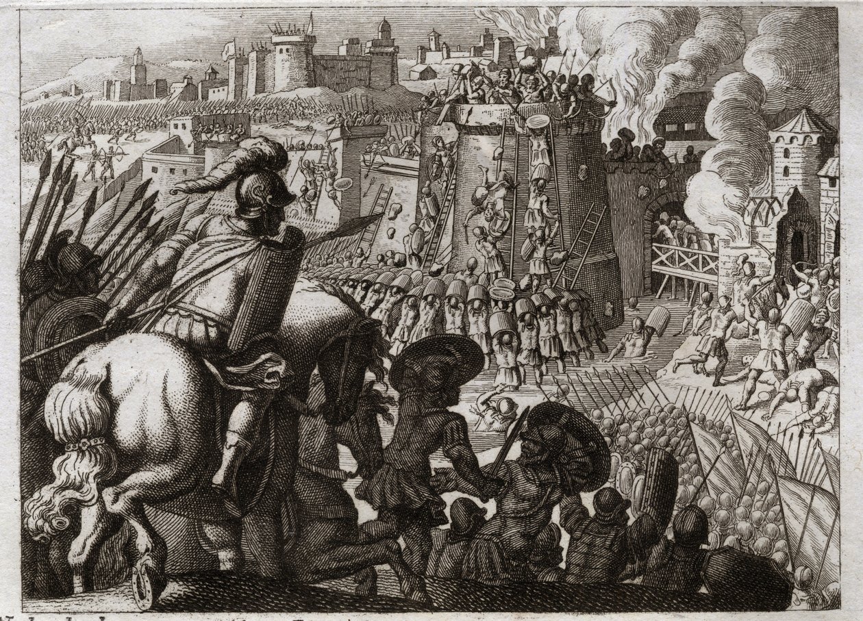 Bible of Royaumont, Gamle Testamente: Belejring af Jerusalem. Nebukadnezar II belejrede Jerusalem og indtog det og bragte al rigdommen og alle byens indbyggere til Babylon. Illustration fra 1811. af Unknown artist