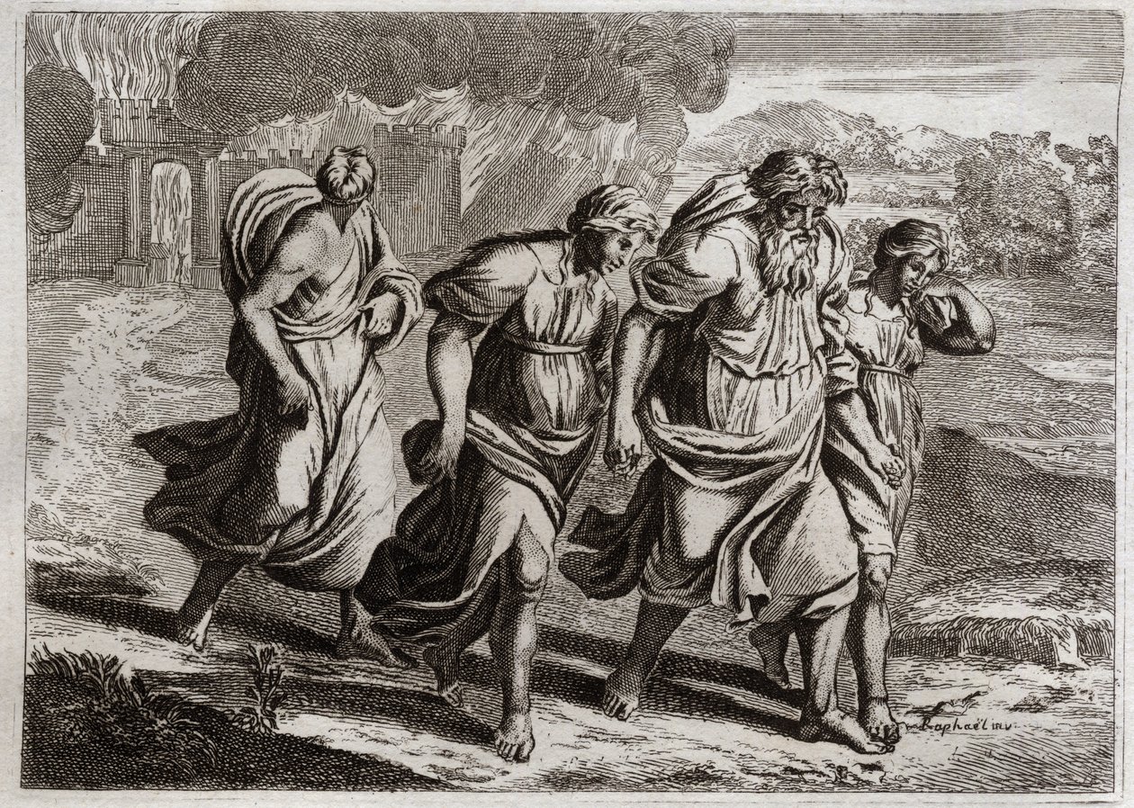 Bible of Royaumont, Gamle Testamente: Sodom brulee. Gud irriterer Sodomas afskyelige forbrydelser, brænder den sammen med de andre nabobyer, med en regn af ild og svovl, som han brænder fra himlen (Loth, hans døtre og hans kone flygter fra byen). Illustr af Unknown artist