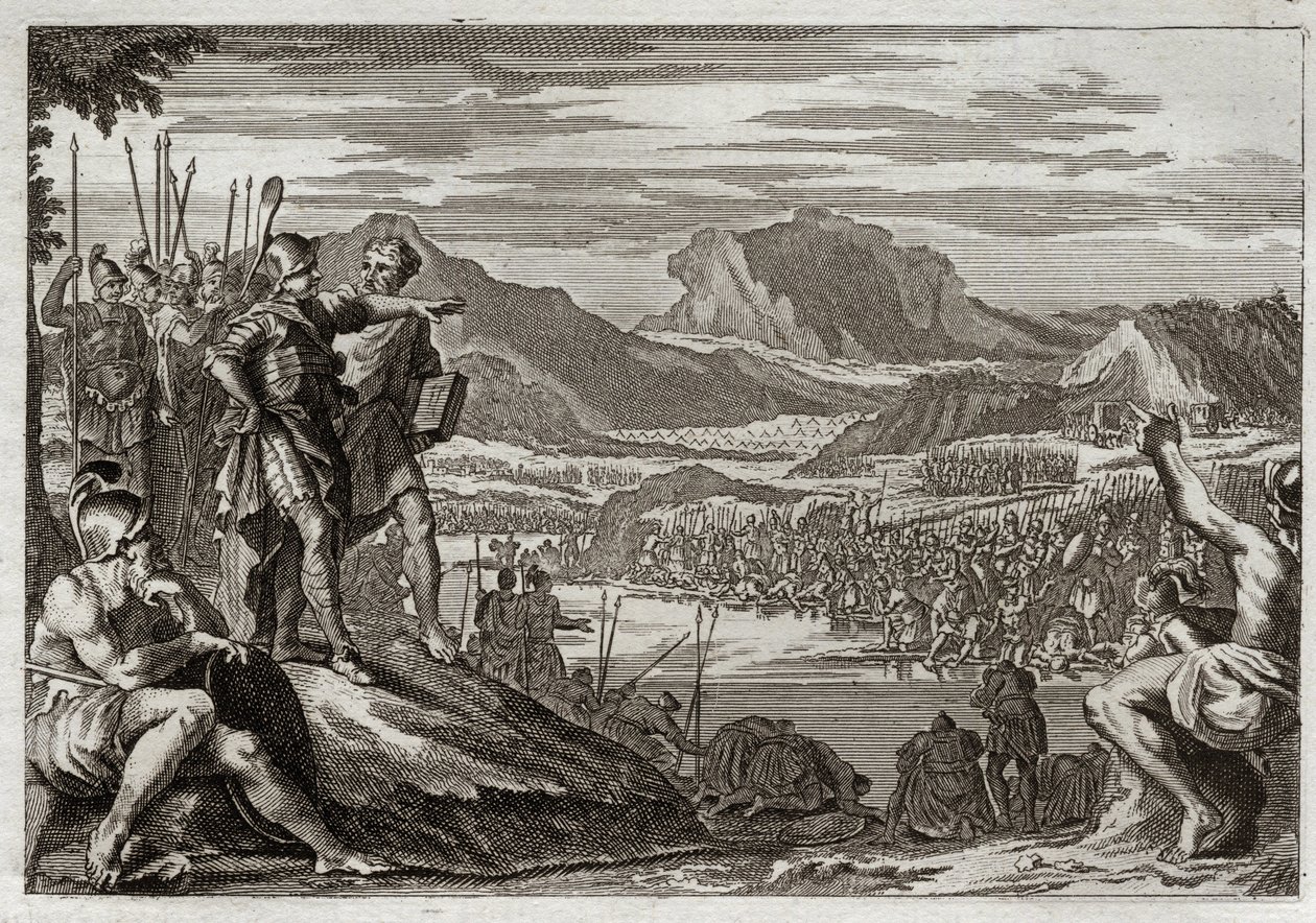 Bible of Royaumont, Gamle Testamente: Soldiers of Gedeon. Gud befaler Gedeon (Gideon) at føre alle sine tropper til Jordanfloden og giver ham et mærke til at skelne dem, som han skulle bruge til at kæmpe mod midjanitterne. Illustration fra 1811. af Unknown artist