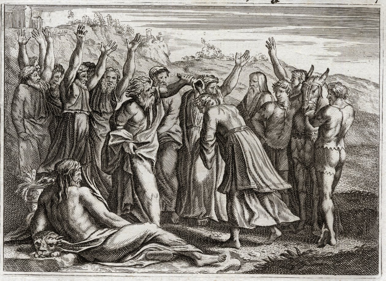Bible of Royaumont, Det Gamle Testamente: Salomon King. David etablerede Salomon konge ved Betsabees og profeten Natans bønner. Illustration fra 1811. af Unknown artist