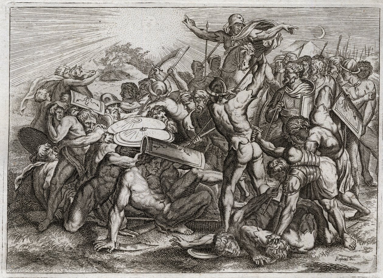 Bible of Royaumont, Gamle Testamente: Sun Stop. Joshua, der jagter sine amoritiske fjender (amorritter), får Solen til at stoppe, så han kan få mere tid til at fortryde dem. Illustration fra 1811. af Unknown artist