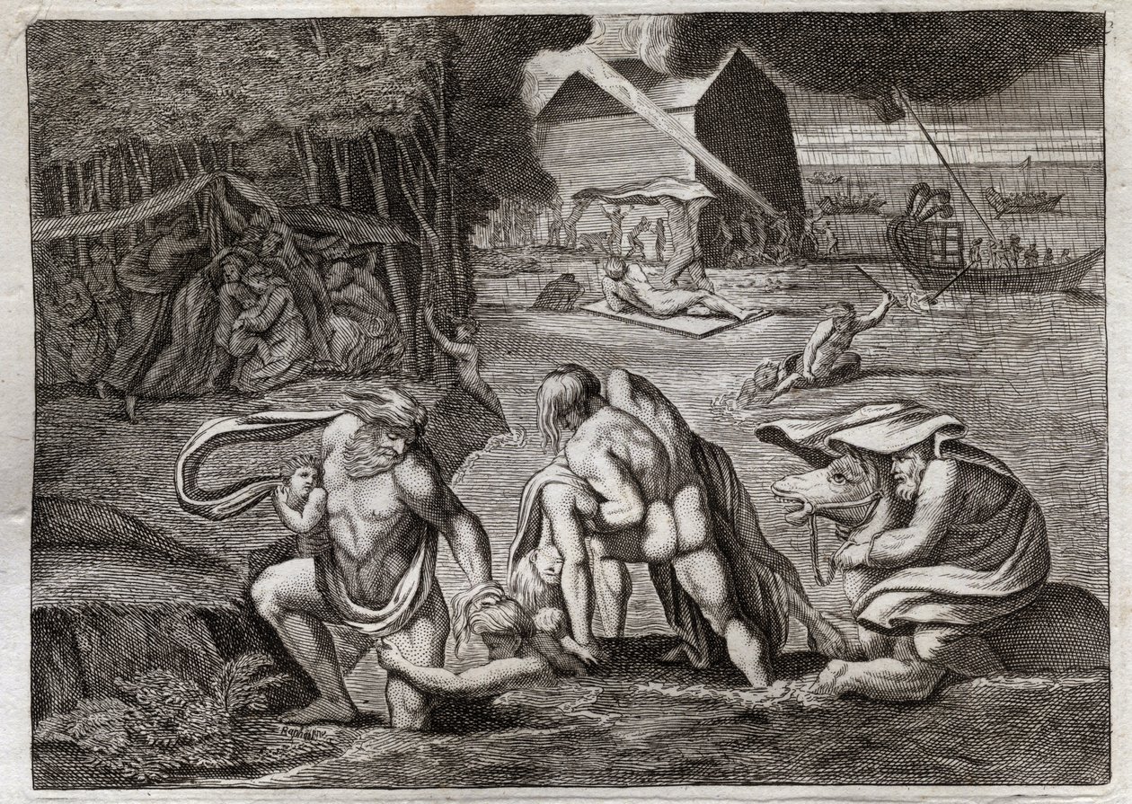 Bible of Royaumont, Det Gamle Testamente: Syndfloden. Syndfloden oversvømmer hele jorden. Den eneste ark redder dem, der var låst i den, fra denne forlis. Illustration fra 1811. af Unknown artist