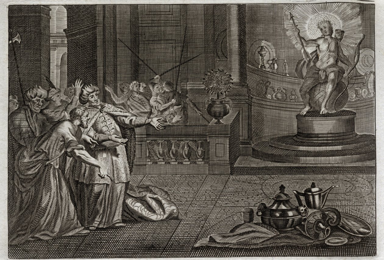 Bible of Royaumont, Det Gamle Testamente: The Idol of Bel. Daniel ødelagde idolet i Bel og dræbte en drage, som babylonierne tilbad. Illustration fra 1811. af Unknown artist