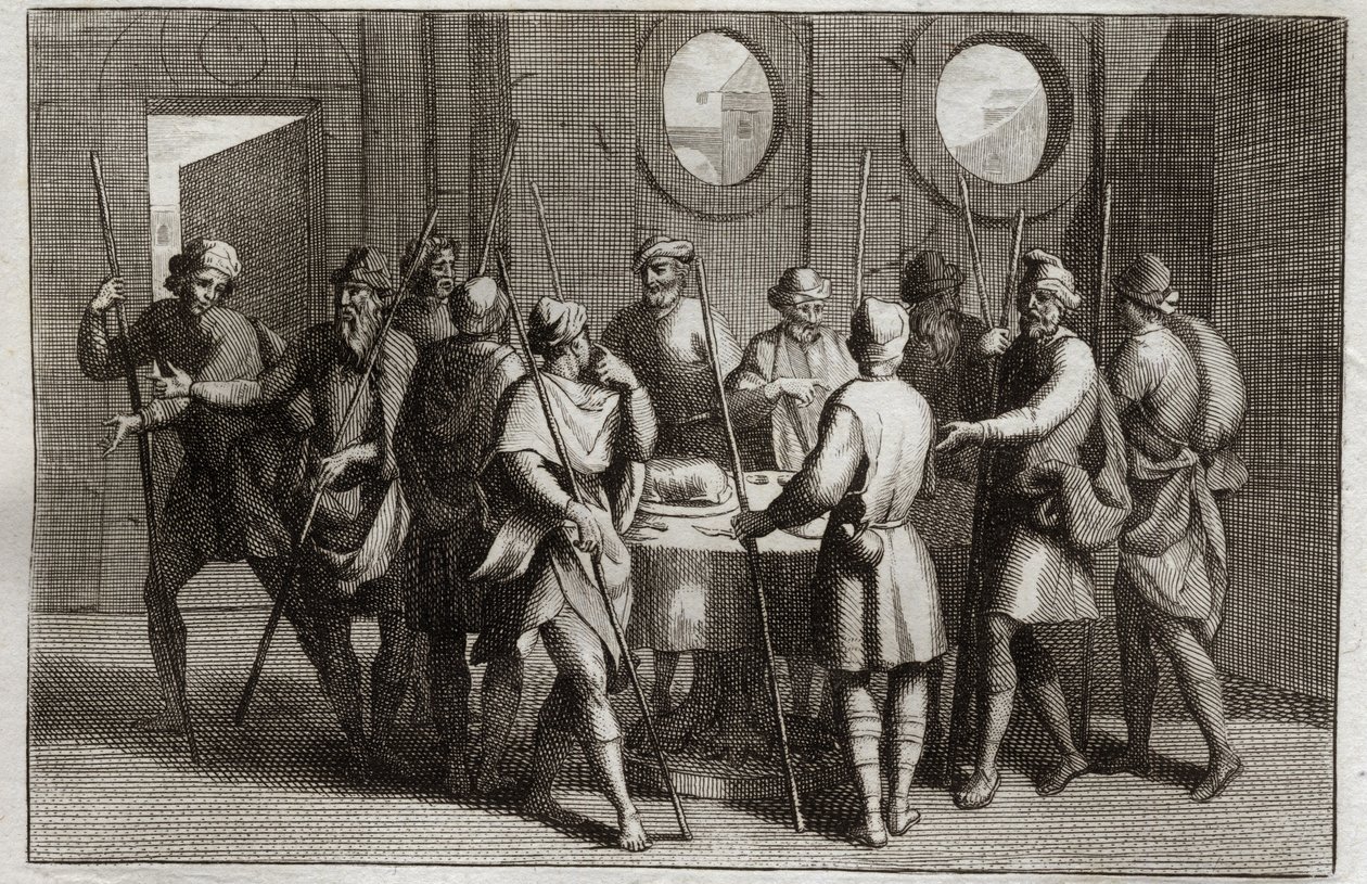 Bible of Royaumont, Gamle Testamente: Påskelammet. Gud befalede jøderne at spise påskens lam, og for den tiende plage dræbte alle førstefødte. Illustration fra 1811. af Unknown artist