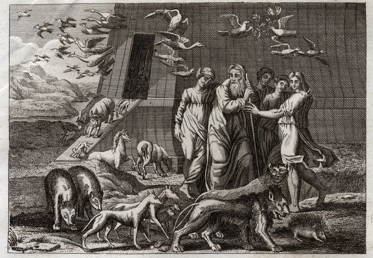 Bible of Royaumont, Det Gamle Testamente: Regnbuen. Noe forlader arken og bringer et offer til Gud, som modtager det positivt. Han lover ikke at sende mere syndflod på jorden. Han giver Regnbuen som et tegn på sandheden af dette løfte. Illustration fra 181 af Unknown artist