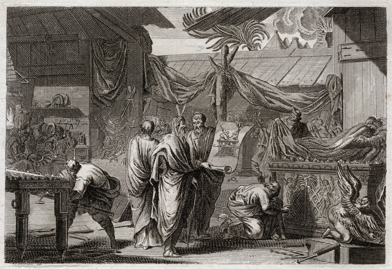 Bible of Royaumont, Det Gamle Testamente: Tabernaklet. Moses laver tabernaklet i overensstemmelse med den ordre, han havde modtaget fra Gud. Illustration fra 1811. af Unknown artist