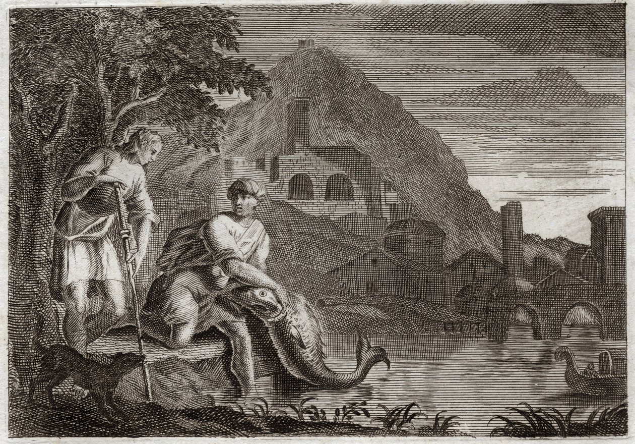 Bible of Royaumont, Det Gamle Testamente: Englen vejleder Tobie. Unge Tobie er bange for en fisk (mirakuløst), der ville spise ham. Angel Raphael kommer efter Guds ordre for at guide ham på en rejse, han skulle foretage. Illustration fra 1811. af Unknown artist