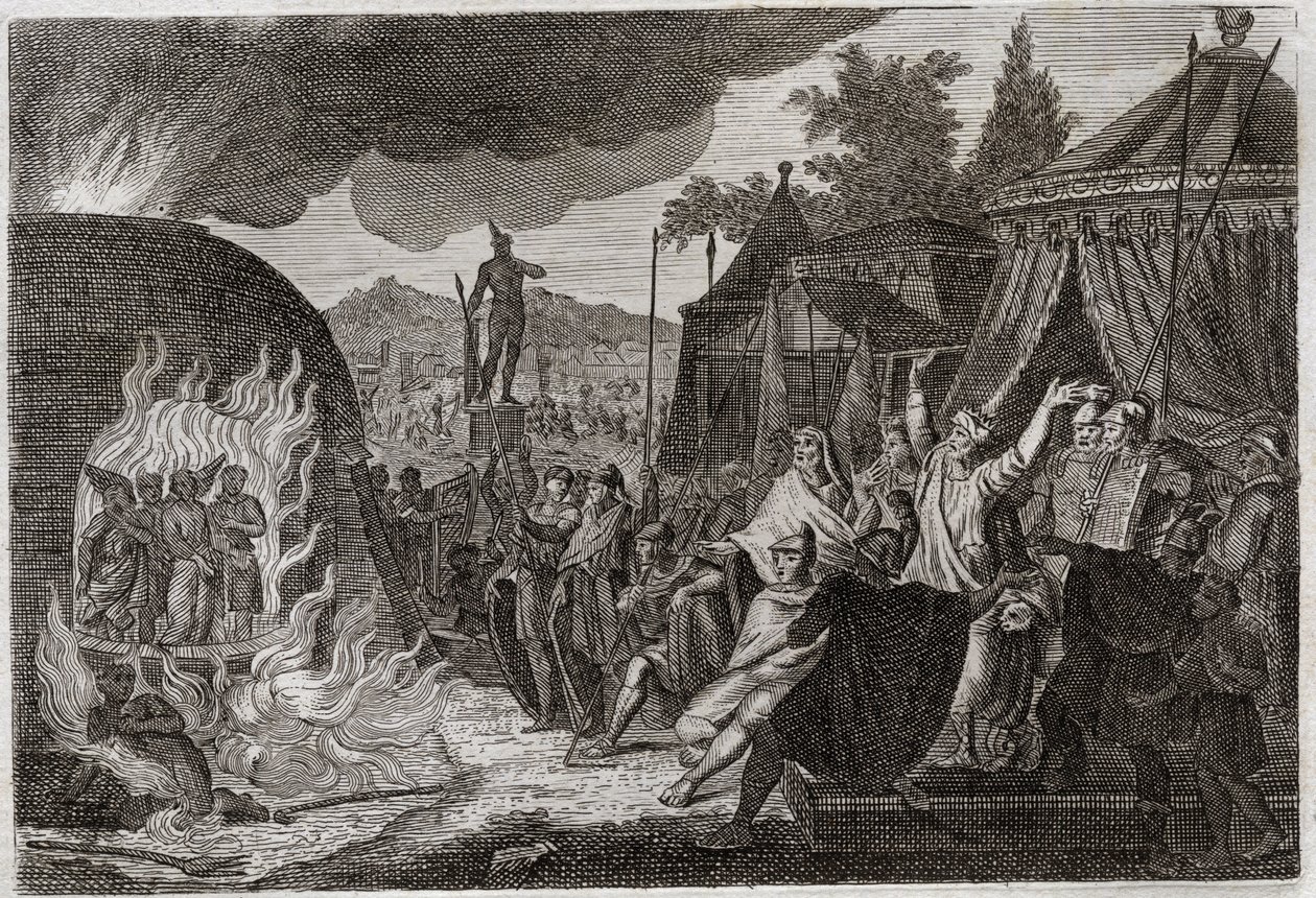 Bible of Royaumont, Gamle Testamente: Babylons tre børn i ovnen. Kong Nebukadnezar II kaster tre unge hebræiske mænd ind i en brændende ovn, hvorfra de på mirakuløst vis bliver befriet. De kaldes Ananias, Azarias og Misael (eller Shadrac af Unknown artist