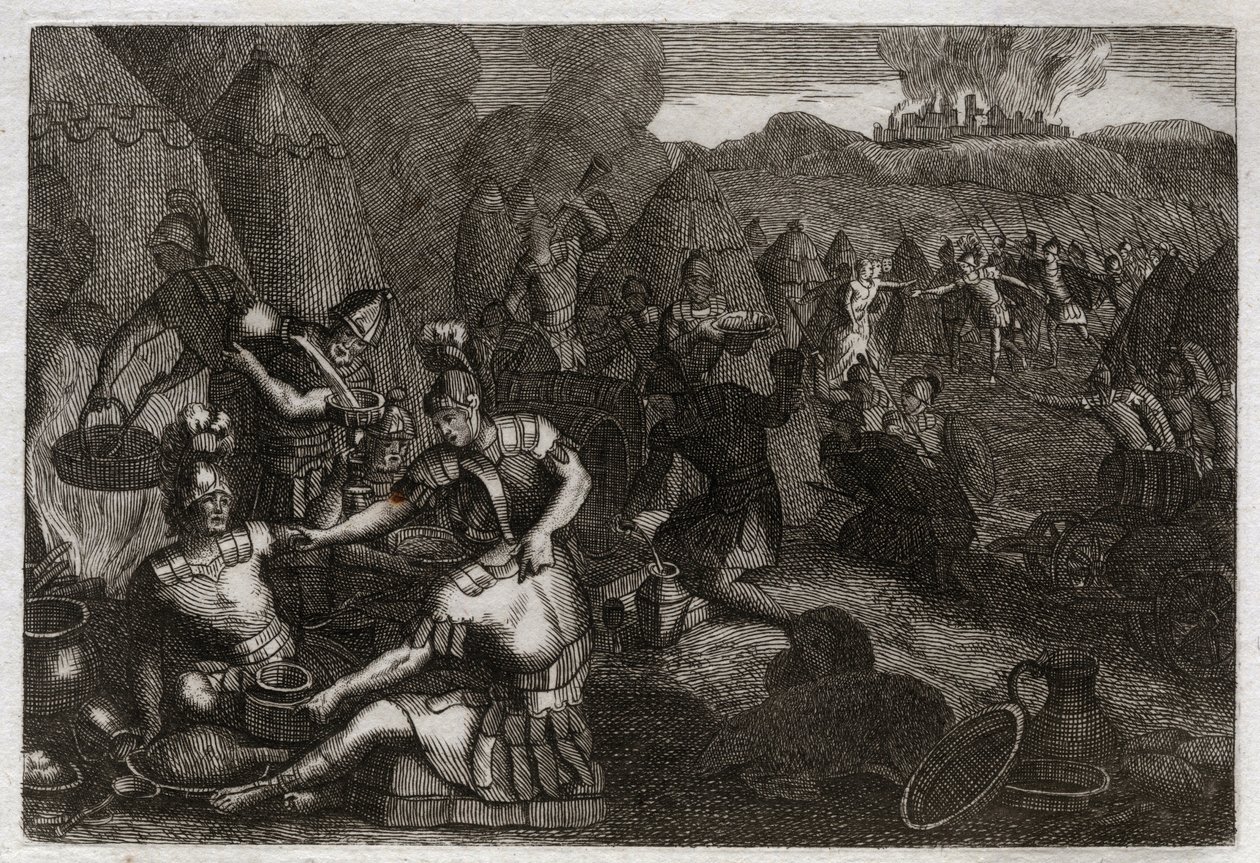 Bible of Royaumont, Gamle Testamente: Thieves of Siceleg. Nogle amalekiter kommer for at plyndre Siceleg i Davids fravær. Han løber rasende og mister dem. Illustration fra 1811. af Unknown artist