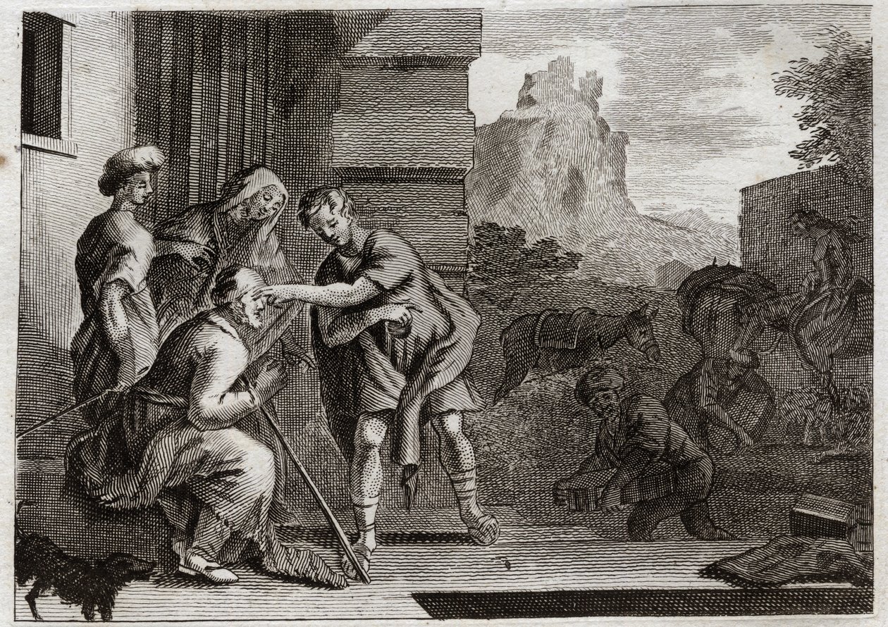 Bible of Royaumont, Det Gamle Testamente: Tobia får synet tilbage. Den unge Tobie giver sin far synet ved at føre over hans øjne fisken, han fiskede efter råd fra ærkeenglen Rafael. Englen giver sig til kende for dem og forsvinder derefter. Illustrat af Unknown artist