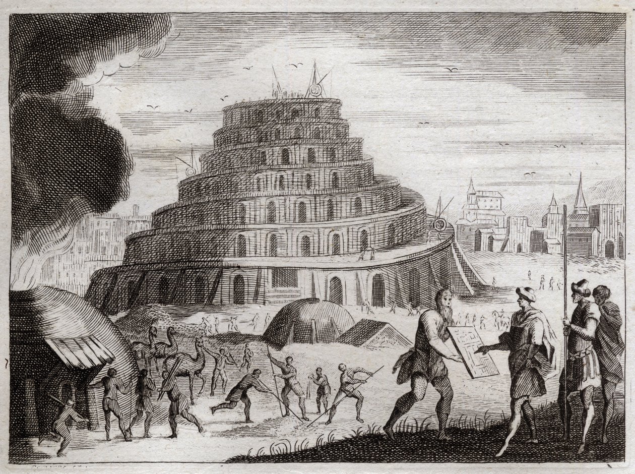 Bibelen fra Royaumont, Det Gamle Testamente: Babelstårnet. Mænd ønsker af forfængelighed at rejse et tårn til himlen. Gud forhindrer dette arbejde ved at forvirre deres tunger, så de ikke længere kan høre hinanden tale. Illustration fra 1811. af Unknown artist