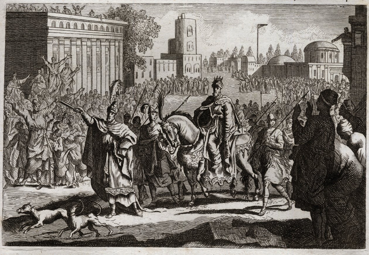 Bible of Royaumont, Gamle Testamente: Triumf af Mardochee. Aman (Haman) er tvunget af kongen til at offentliggøre Mardochees (eller Mordekhais) triumf, hans fjende i hele byen Susan (bedre kendt som Susa). Illustration fra 1811. af Unknown artist