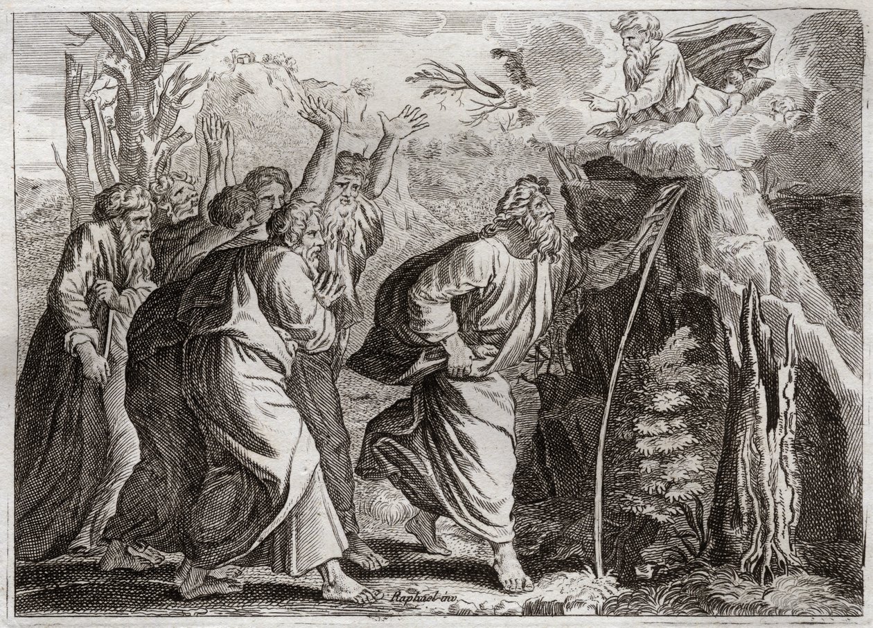 Bible of Royaumont, Gamle Testamente: Vand fra klippen. Moses bringer vand op af klippen og giver Israels folk en drink. Illustration fra 1811. af Unknown artist
