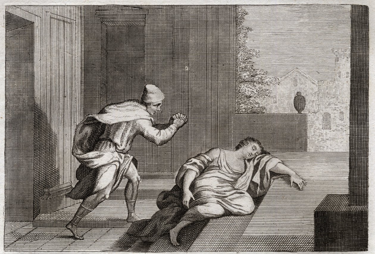 Bible of Royaumont, Det Gamle Testamente: Kvinde af den forargede Levite. Levitens kone blev fundet død ved døren efter at være blevet misbrugt af bøller. Illustration fra 1811. af Unknown artist