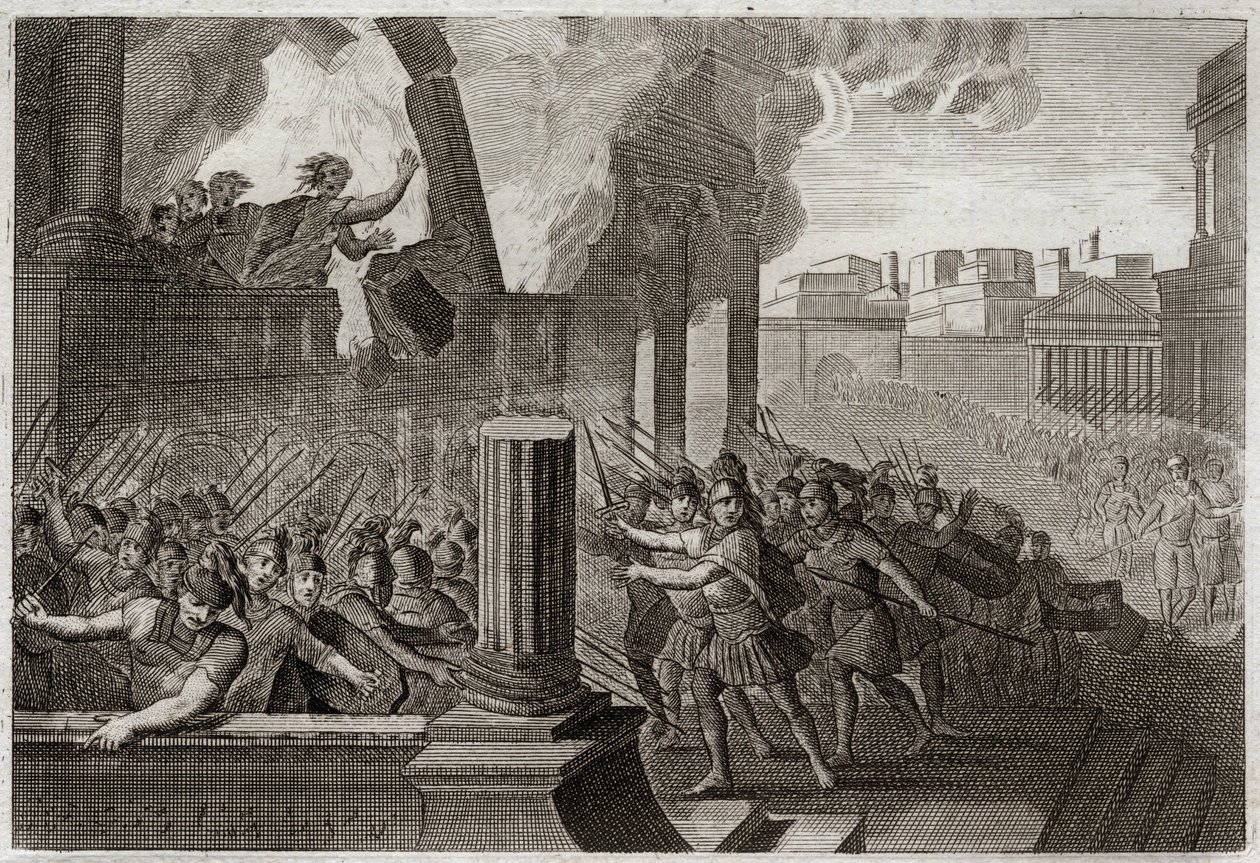 Bible of Royaumont, Gamle Testamente: Zambri brænder. Zambri, der har gjort oprør mod Ela, den fjerde konge af Israel, er belejret i Thersa, hvor han brænder sig selv med hele sin familie i sit palads. Illustration fra 1811. af Unknown artist